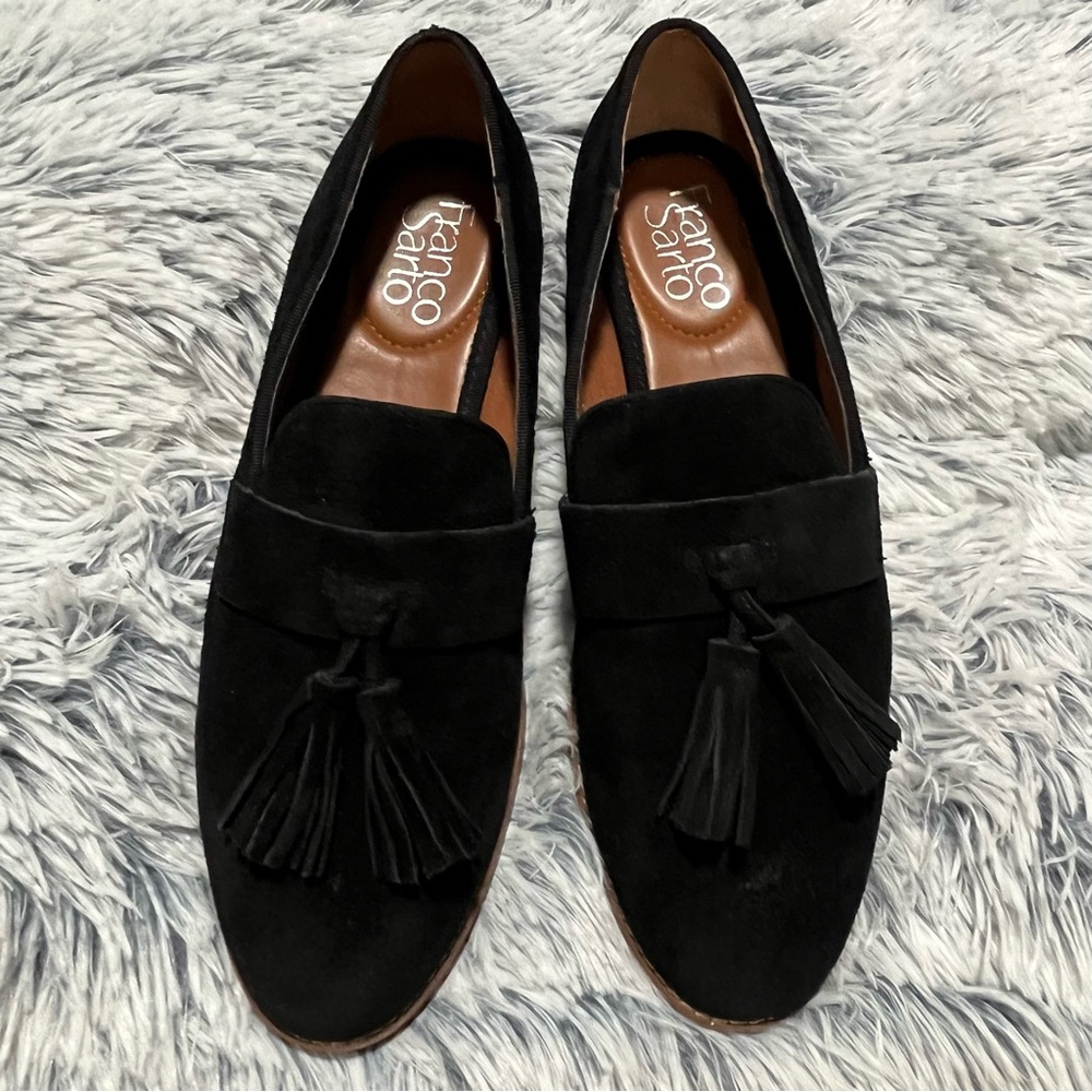 Franco Sarto black suede tassel loafers